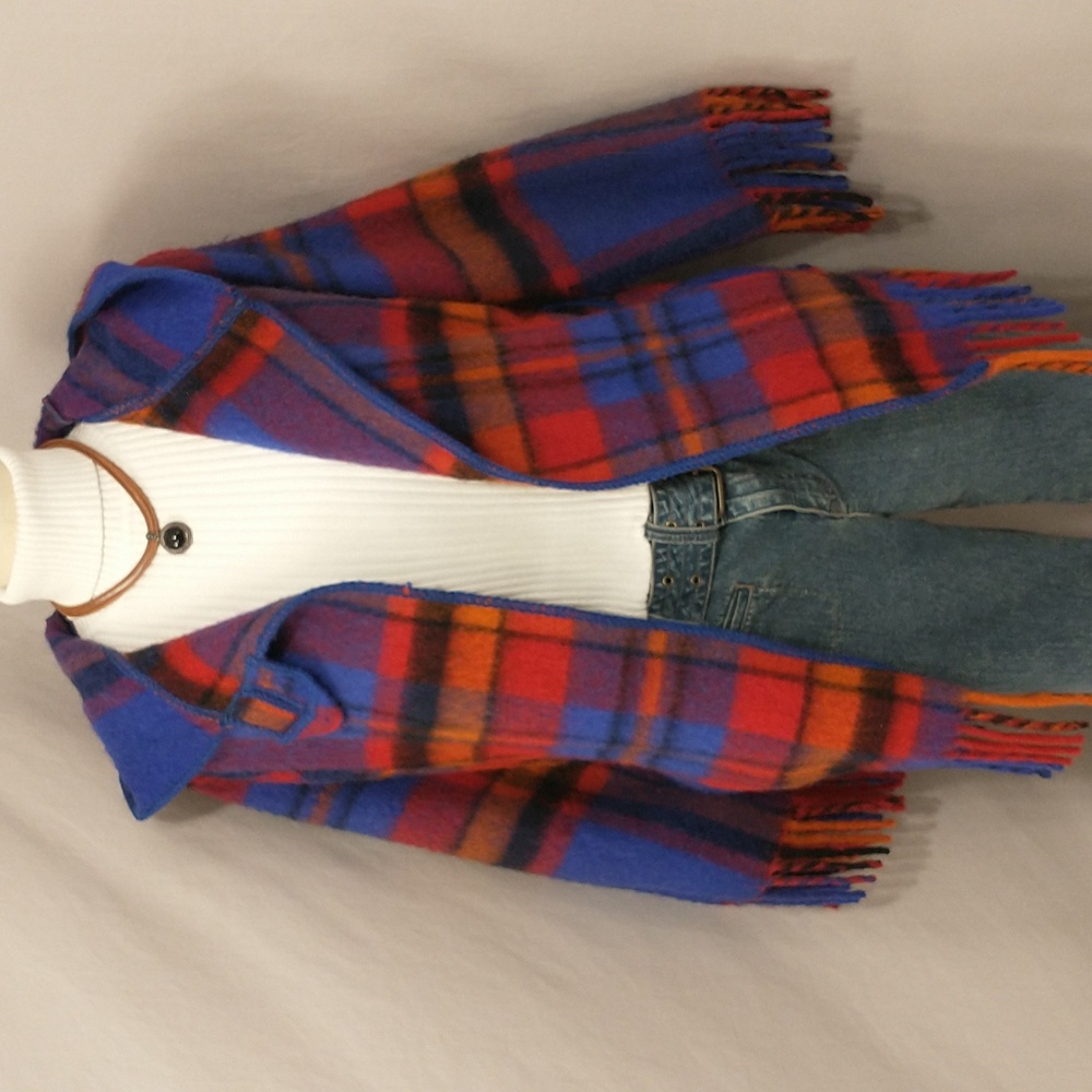 Vintage Bright Wool Wrap Jacket Plaid Blanket Coat Hooded Pockets Fringe Edge - Picture 6 of 16